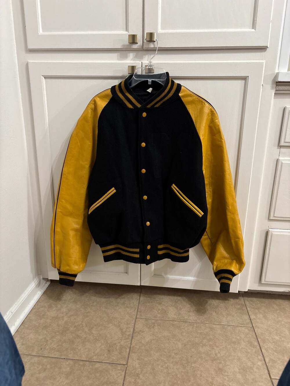 Vintage Butwin Wool and Leather Varsity Jacket Black and Yellow
